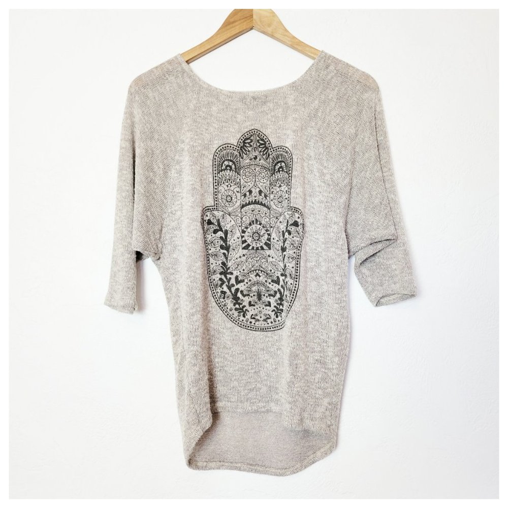 SJS Hamsa Hand Dolman Sleeve Knit Top Beige Tan with Embellished Mandala Design